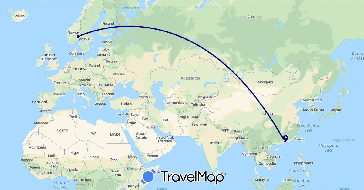 TravelMap itinerary: driving in China, Norway (Asia, Europe)